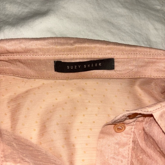 Suzy Shier pink flowy blouse with white polkadots and ruffles. Size Medium. - Picture 2 of 3